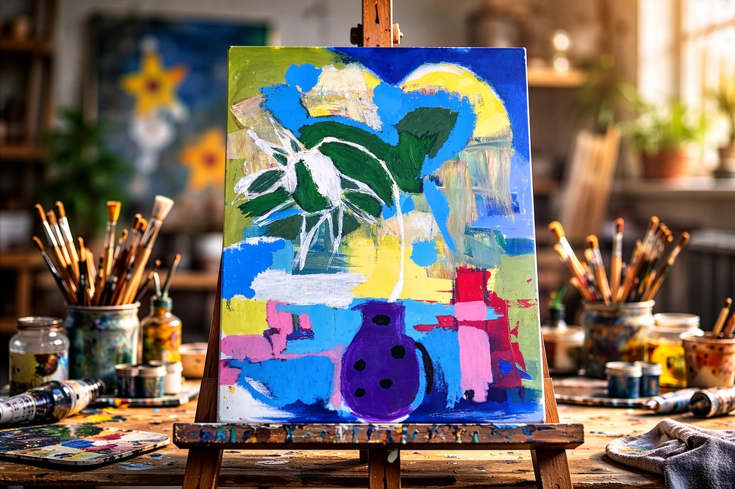 Andrew Buffalino's studio easel, brushes, and a painting in progress