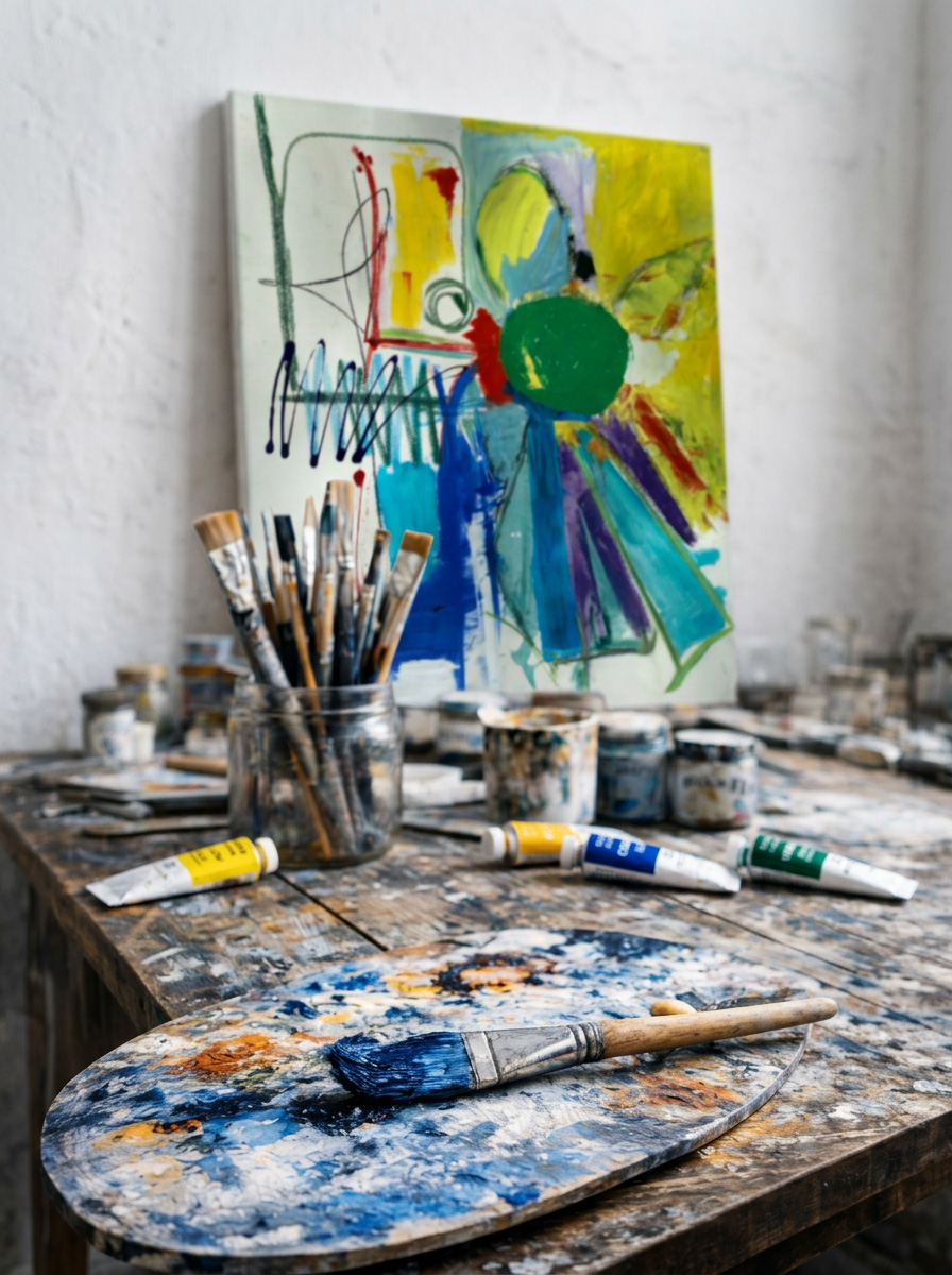 Andrew Buffalino's studio — a painting on the easel surrounded by brushes and paint